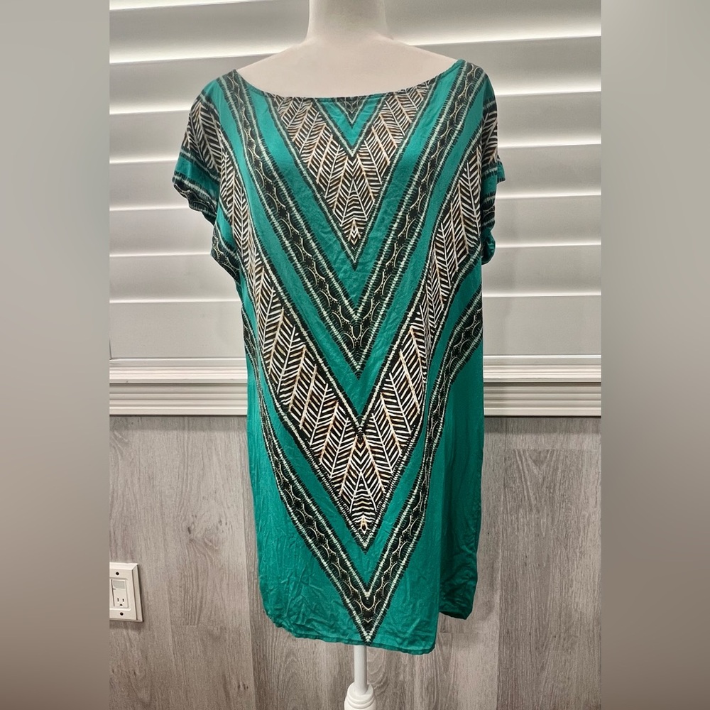 ViX Paula Hermanny 100%Silk Tunic Dress Teal Print Coverup Size M Beach Resort